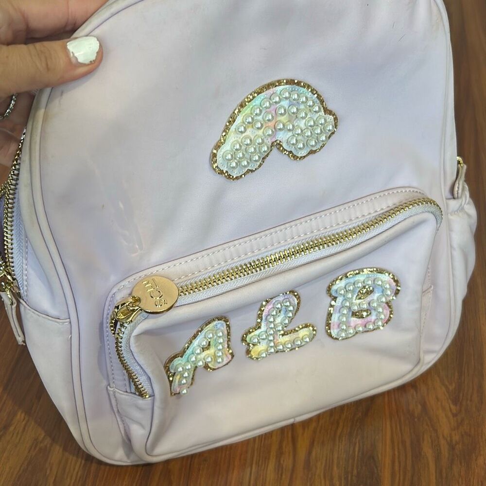 Stoney Clover Lane light pink backpack pearl rainbow patch monogram ALB - Picture 8 of 9